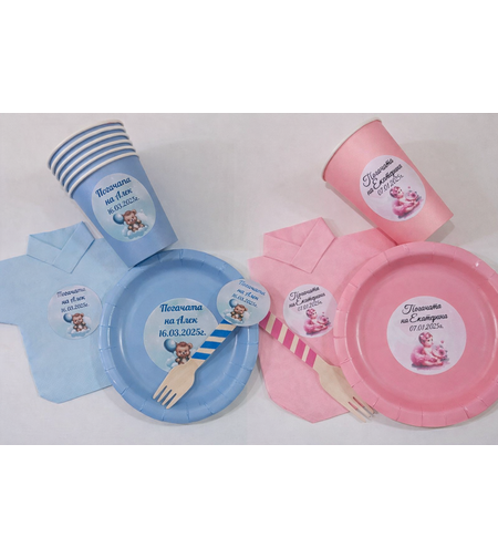 По 10бр чаши, чинии, вилици и салфетки - боди с декорация