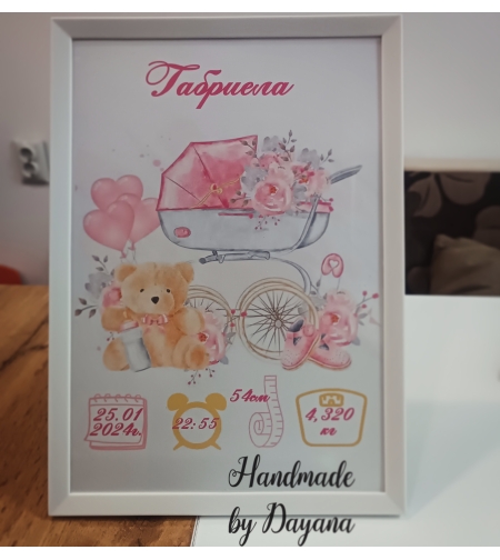 Бебешка визитка в рамка ''Бебешка количка с мече'' А4