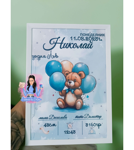 Бебешка визитка в рамка ''Мече с балони в синьо 3''