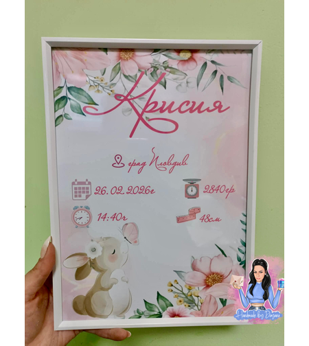 Бебешка визитка в рамка ''Зайче с пеперуда”