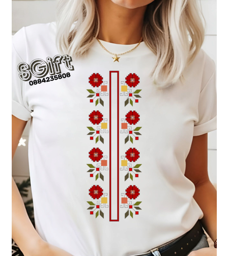 Бяла дамска тениска с червена вертикална шевица мотив Алени макове от GiftParadise.bg