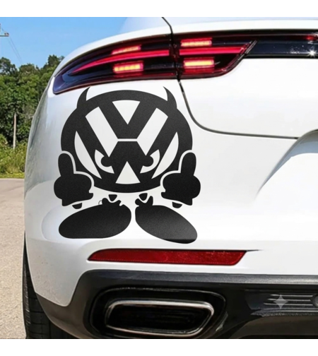 Черен винилов стикер изобразяващ логото на Volkswagen като дяволско човече с рога, което показва средни пръсти.