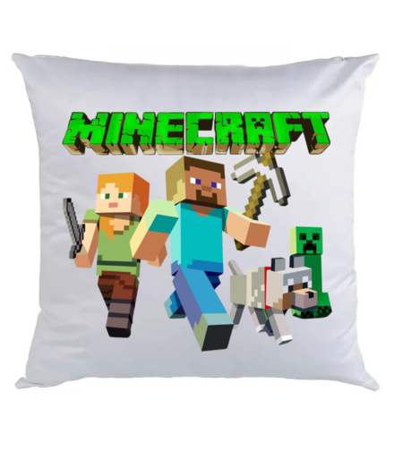 Бяла квадратна декоративна възглавница с висококачествен принт на логото на Minecraft и героите Стив, Алекс, вълк и Крийпър.