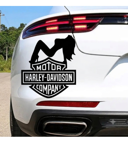 Черен винилов стикер  логото на Motor Harley-Davidson Company и силует на секси момиче с дълга коса в горната част.