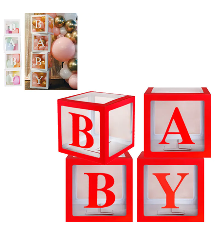 Комплект от четири прозрачни червени кутии с букви BABY за декорация с балони