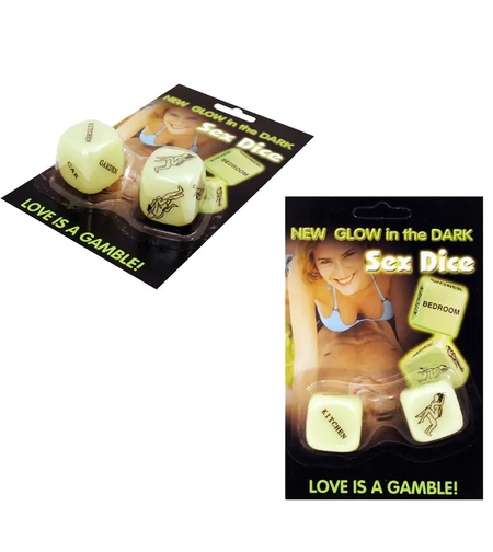 Блистер опаковка с надпис „New Glow in the Dark Sex Dice“, съдържаща три светещи в тъмното зарчета с изписани локации (Kitchen, Bedroom, Car) и илюстрации на пози.