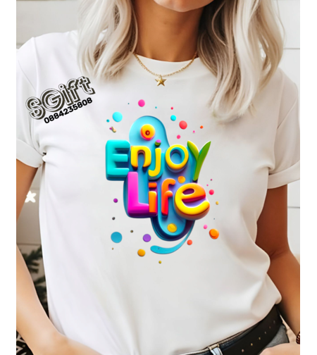Бяла дамска тениска с цветен 3D надпис Enjoy Life и ярки неонови пръски – модел на GiftParadise.bg.