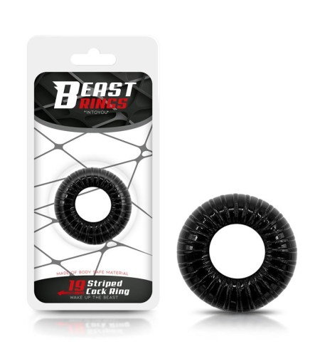 BEAST RINGS Пръстен за пенис, супер гъвкав и устойчив, райет, 1.9 см, черен