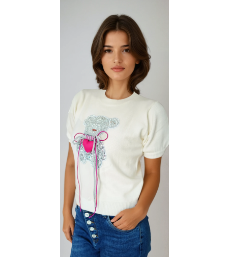 Fine Knit Sweater with Bear Embroidery and Decorative Details