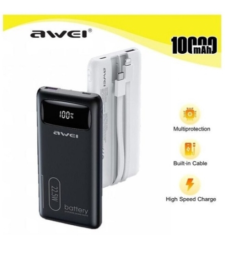 Външна батерия - 10 000mah - P168K - 22.5W - AWEI - 888551 - Черна