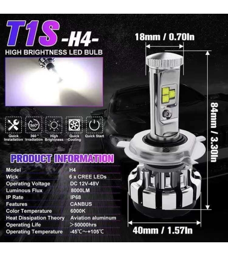 Комплект от 2 броя LED крушки - T1S - H4 - Canbus - 007506