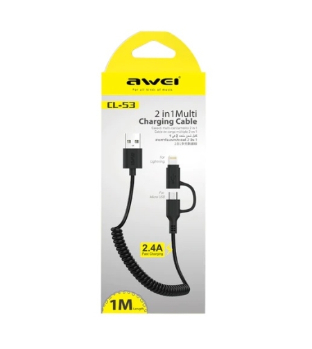 Кабел за зареждане и данни 2 в 1 Спирала - Micro USB & Lightning - CL -53 - 1м - AWEI - 888209