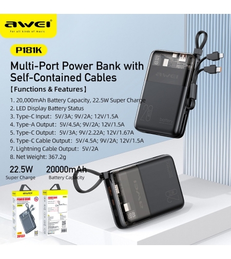 Външна батерия - P181K - 20.000mah - 22.5W - AWEI - 004817