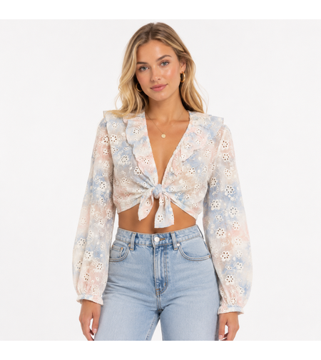 White Cabana бродирана crop блуза с връзка • M