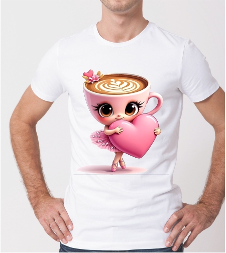 Детска бяла тениска с розова щампа „Балерина Капучина“, изглед отпред.