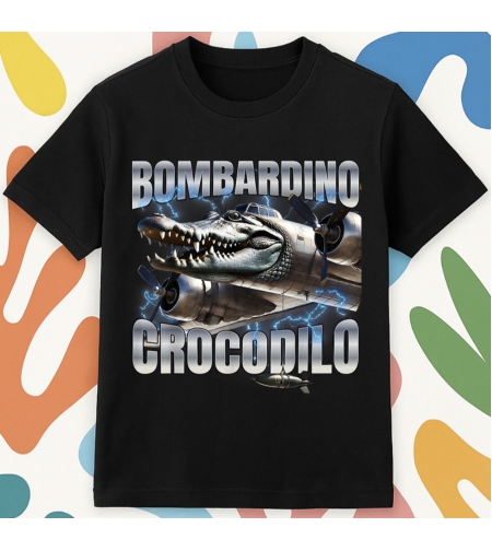 Черна детска тениска „Бомбардино Крокодило“, изглед отпред.