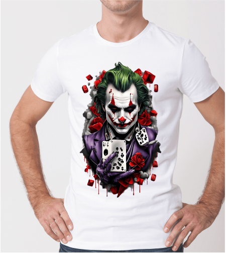 Бяла тениска с щампа „Joker“, изглед отпред.