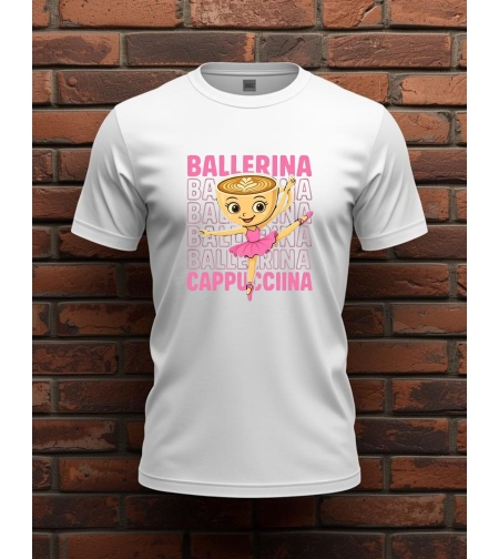 Бяла детска тениска „Балерина Капучина“ с розов надпис, изглед отпред.