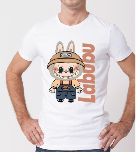 Бяла детска тениска „ЛАБУБУ“, изглед отпред.