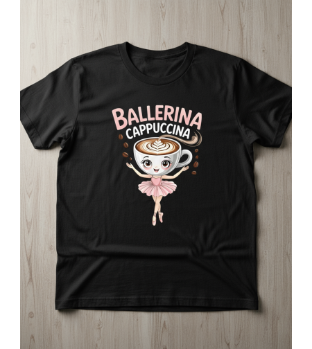 Черна детска тениска „Балерина Капучина“, изглед отпред.