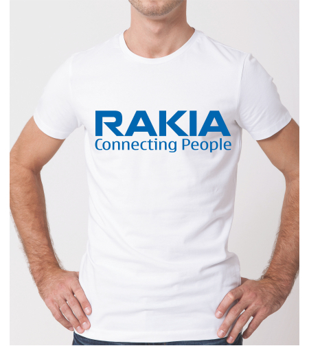 Тениска с надпис „RAKIA Connecting People“, със син надпис, изглед отпред.