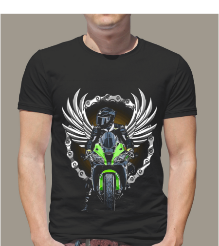 черна стилна тениска с уникален дизайн – мотор и моторист.