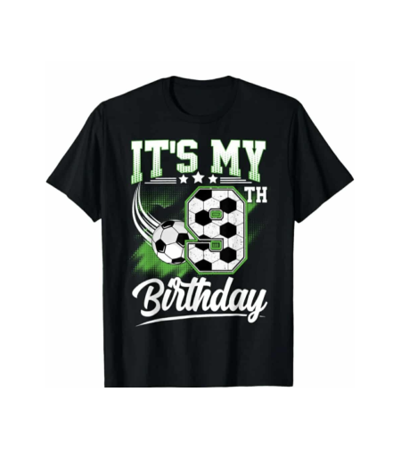 Детска черна тениска с надпис „Това е моят 9-ти Рожден ден“, изглед отпред.