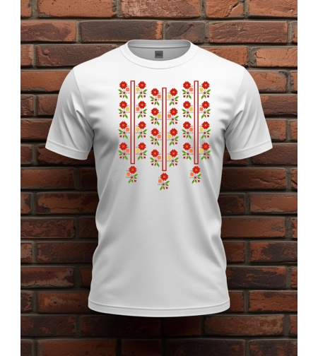 бяла  тениска с декорация шевица, модерен дизайн отпред.