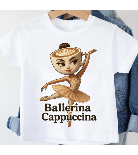 бяла Детска тениска с щампа „Балерина Капучина“, изглед отпред.