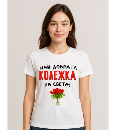 Бяла тениска „Най-добрата колежка на света“ – дамска памучна тениска с щампа, подходяща за подарък.