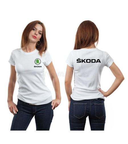 Бяла тениска с надпис Škoda, изглед отпред и отзад
