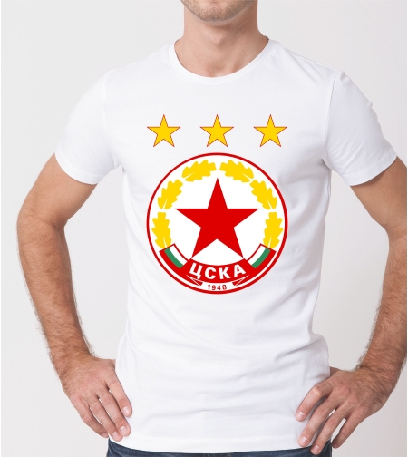 Бяла тениска с щампа „ЦСКА“, изглед отпред.