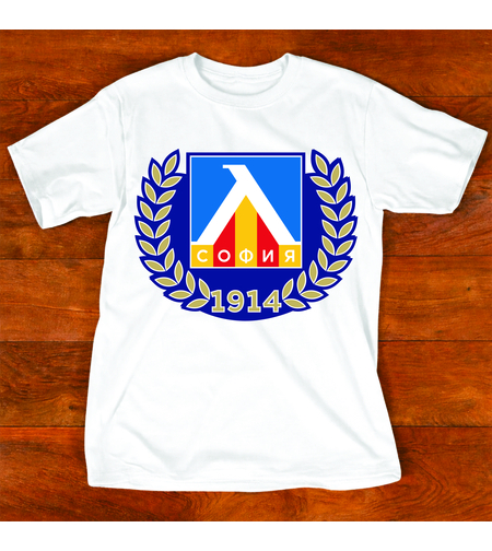 Бяла тениска Левски с емблемата на клуба, изглед отпред.