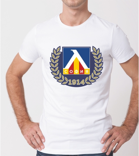 Бяла тениска Левски с емблемата на клуба, изглед отпред.
