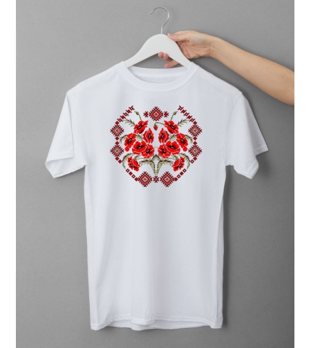 Бяла тениска с елегантна шевица на цвете , изглед отпред.