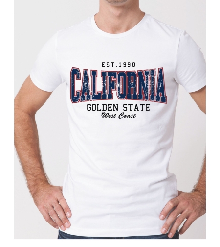Бяла тениска California Golden State с черна щампа, предна страна.