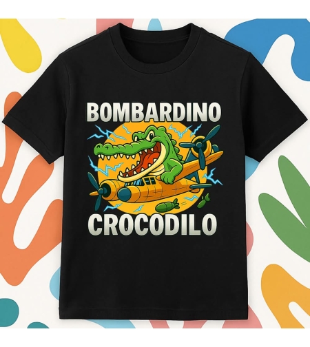 Черна детска тениска „Бомбардино Крокодило“, изглед отпред.