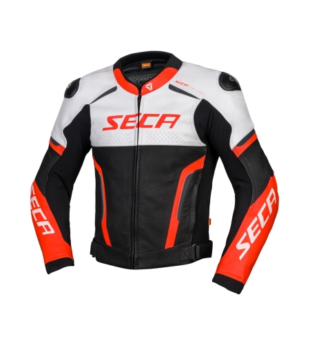Кожено мото яке SECA HOOLIGAN WHITE/FLUO RED