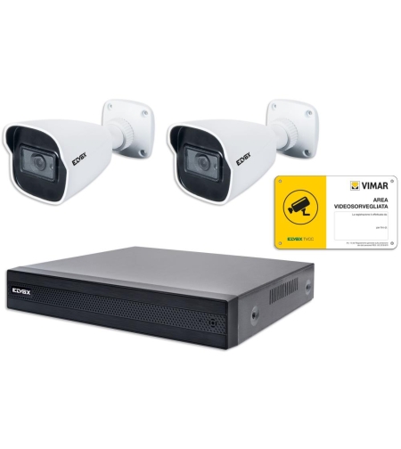 Комплект 2 IP Bullet камери ​​NDAA+NVR 4CH PoE 5Mpx FF H.265 + табела, ELVOX, Vimar