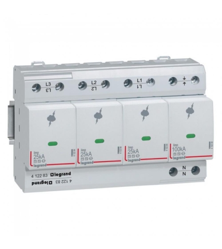 Катоден отводител SPD T1+T2, 350V~ 25kA, 3P+N десен/8мод., +FS, Legrand