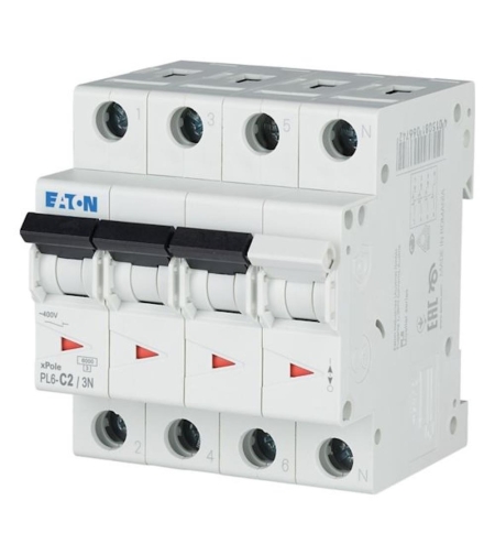 PL6-C2/3N - Автоматичен прекъсвач MCB 3P+N 2A крива C 6kA, Eaton