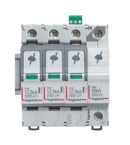 Катоден отводител SPD T1+T2, 320 V~ 12.5kA, 3P+N десен, +FS, Legrand