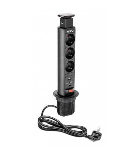 Pull-out контакт за вгражд., 3х Schuko, USB5V/2,4A, кабел 1,5 м, черен GTV