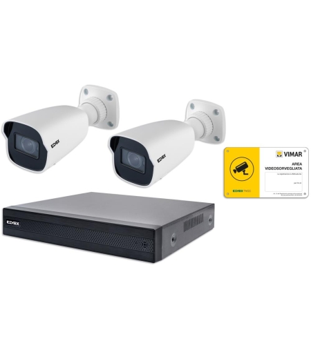 Комплект 2 IP Bullet камери NDAA+NVR 8CH PoE 5 Mpx VF H.265 + табела, ELVOX, Vimar