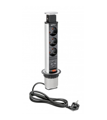 Pull-out контакт за вгражд., 3х Schuko, USB5V/2,4A, кабел 1,5 м, сребрист GTV