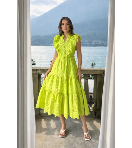 Дълга рокля с английска бродерия - Лайм