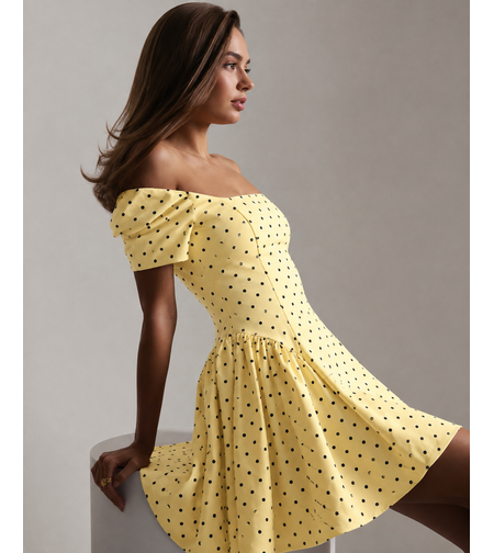 “Polka Grace” yellow - Рокля с връзки на гърба