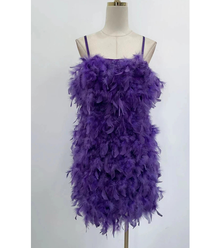 “ Champagne Feathe ” purple - Къса рокля с пера