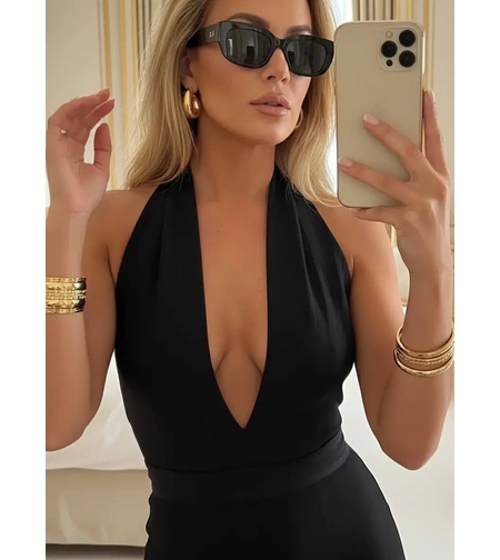 BLACK DIVA Елегантен гащеризон с гол гръб и дълбоко деколте