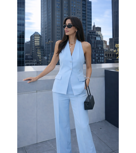 Back Charm Blue -  Костюм от елек с гол гръб и широк панталон